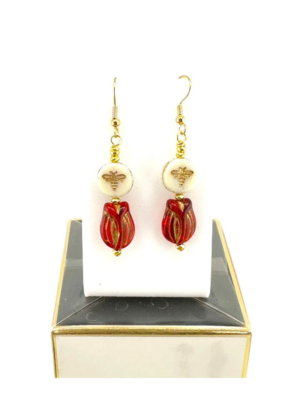 Czech Glass Bee Tulip Earrings Garnet Red Floral Dangle Cottagecore Boho - Picture 3 of 10